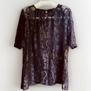 Suzanne Betro Womens 1X Floral Black Full Lace Boho Blouse Short Sleeve